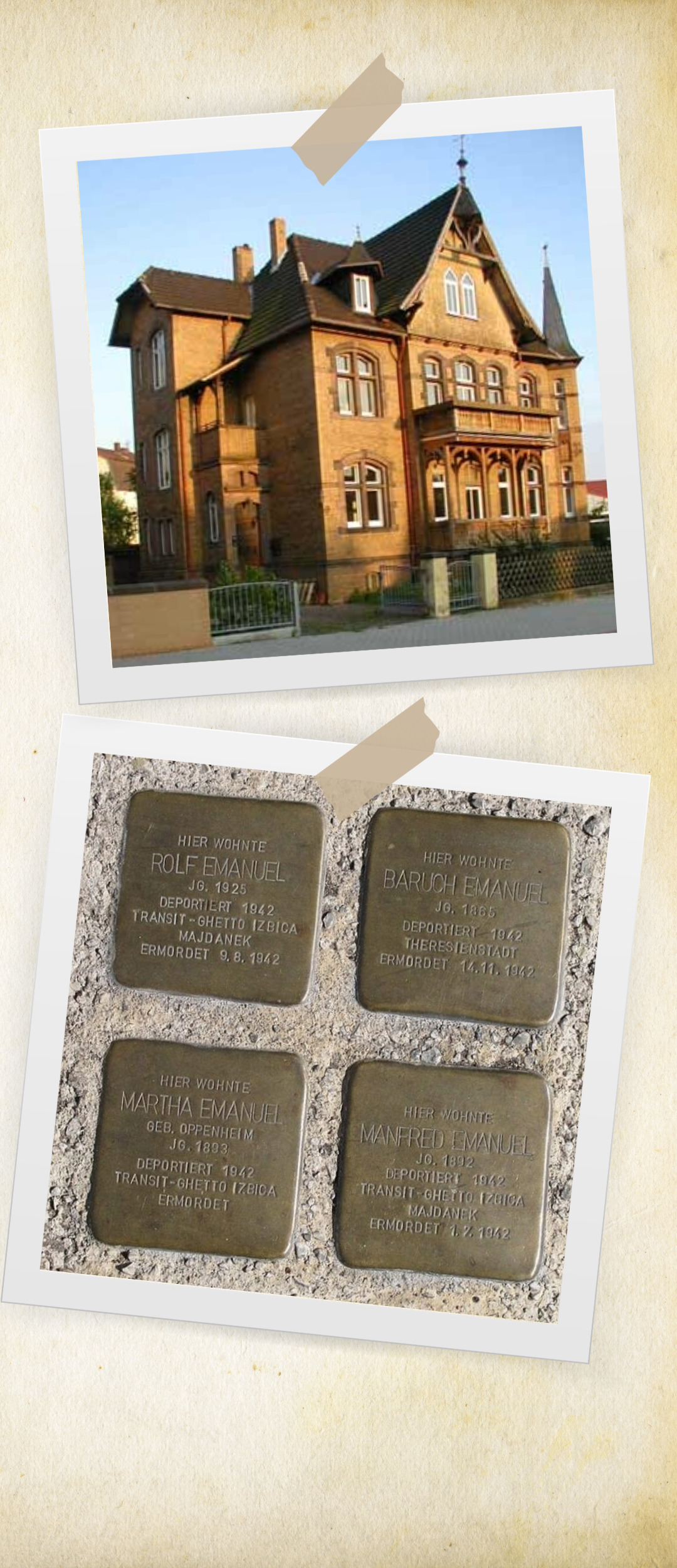 Collage von Fotos der Hersfelder Straße 7 und der Stolpersteine, die heute an die Familie Emanuel erinnern
