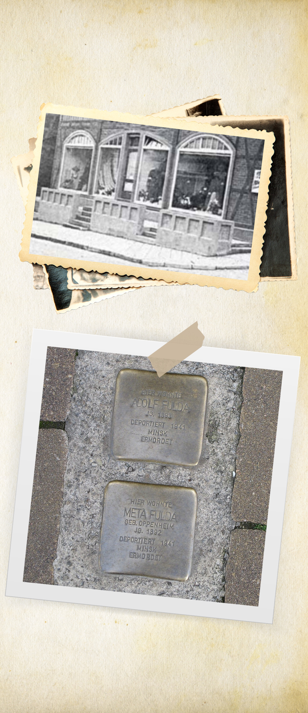 Foto-Collage aus einer historische Aufnahme des Wohnhauses sowie der Stolpersteine