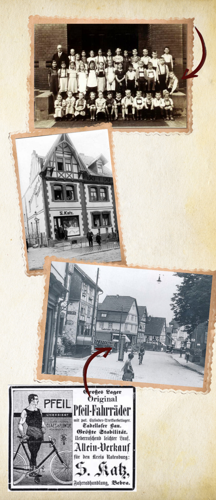 Fotocollage aus historischen Aufnahmen von Alfred Katz mit seiner Schulklasse und dem Wohn- und Geschäftshaus der Familie