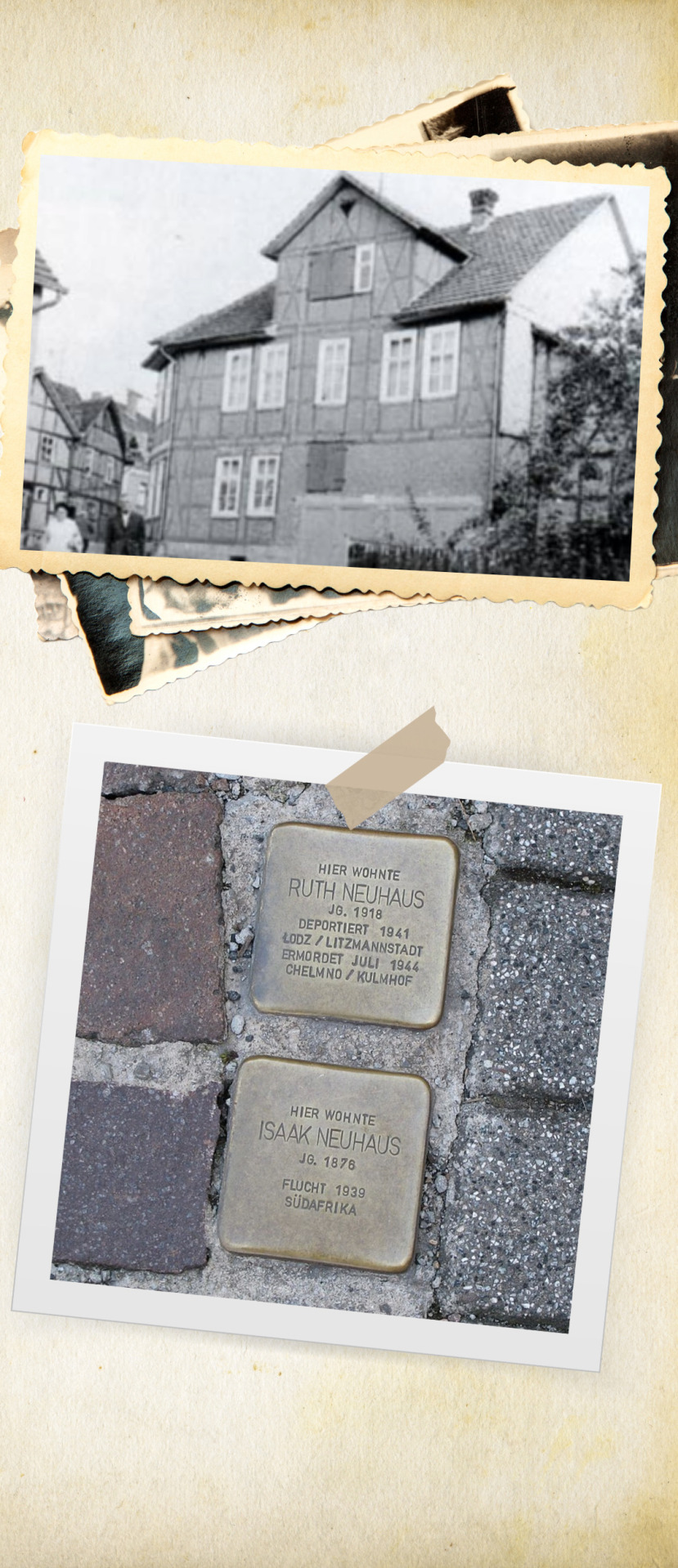 Foto-Collage des Hauses in der Amalienstraße und der Stolpersteine, die heute an die Familie Neuhaus erinnern
