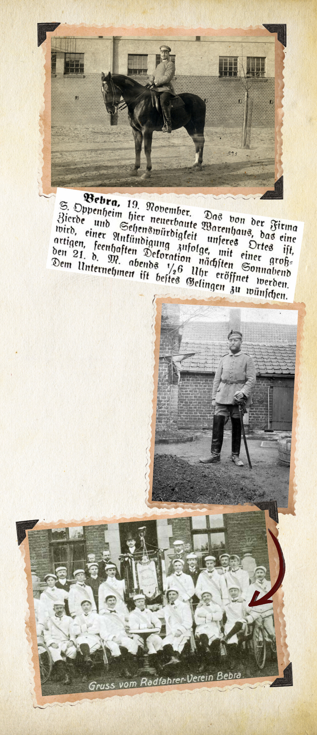 Fotocollage aus Bildern von Hugo Oppenheim und einer Anzeige anlässlich der Eröffnung des Geschäfts in der Nürnberger Straße