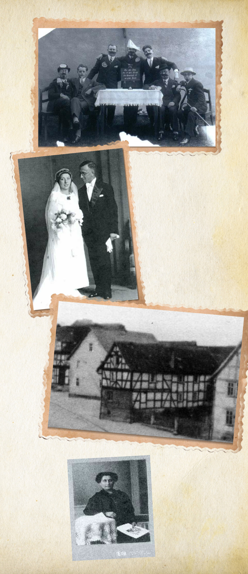 Fotocollage Leo Oppenheim im Kreis seines Vereins, mit seiner Frau Marie, das Haus in der Pfarrstraße 