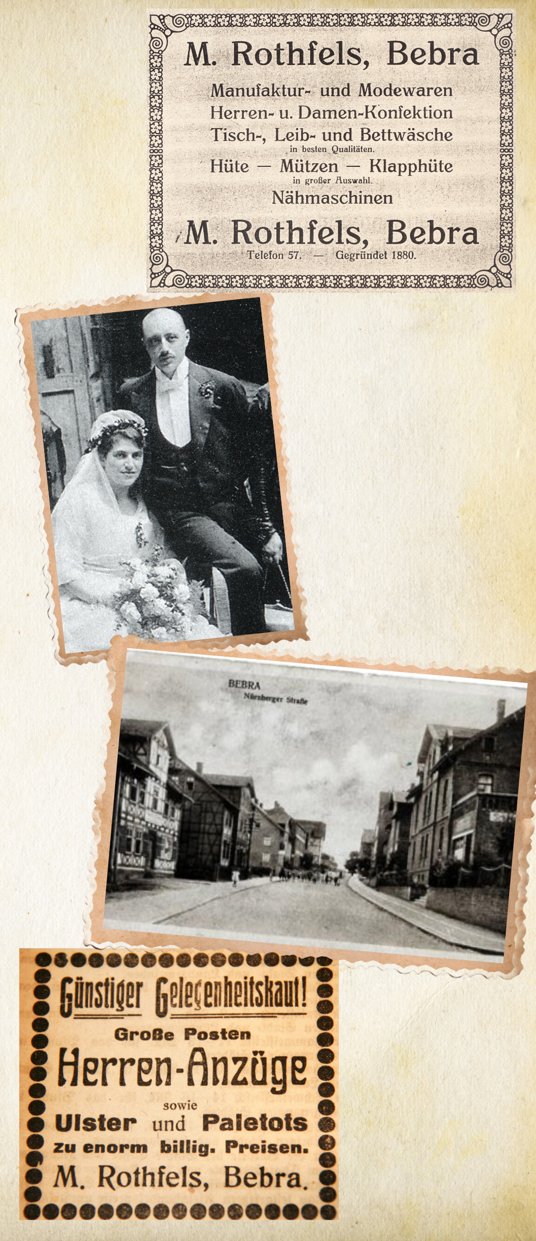 Fotocollage Julius Rothfels und seine Frau Else, diverse Anzeigen und das Gebäude in der Nürnberger Straße